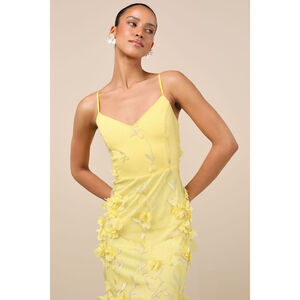 Lulus Limitless Adoration Yellow 3d Floral Embroidered Midi Dress - Size M